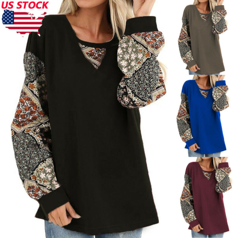 

Women Boho Floral V-Neck Long Lantern Sleeve Oversize Blouse T Shirt Tops S-2XL, Black