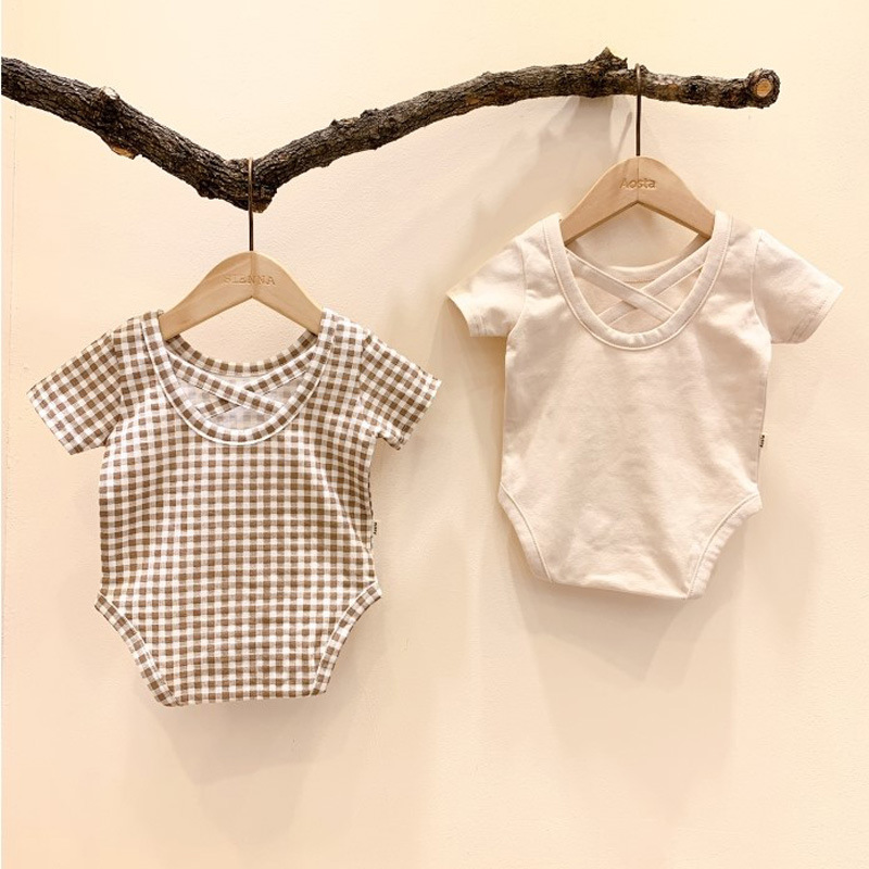 

Korean Children's Clothing Bodysuit 2020 Summer Models Boys and Girls Baby Boys Plaid Soft Cotton Bodysuit, Beige t-shirt