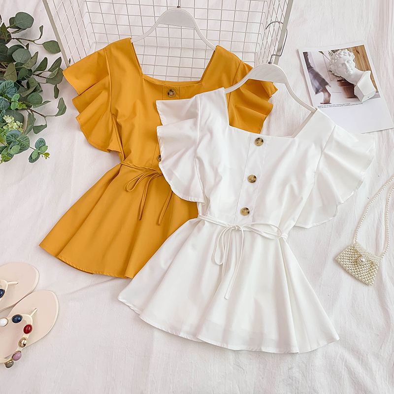

White Square Neck Top Ruffle Blouse Peplum Button Up Shirt Women Korean Clothes Vintage Blusas Mujer De Moda 2020 Shirts Tops