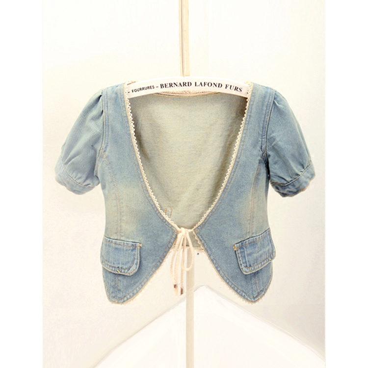 

Vintage Women short Jacket 2020 summer short sleeve v-neck Denim Jackets Washed Blue Jeans Coat Korean denim cardigan C253, As picture