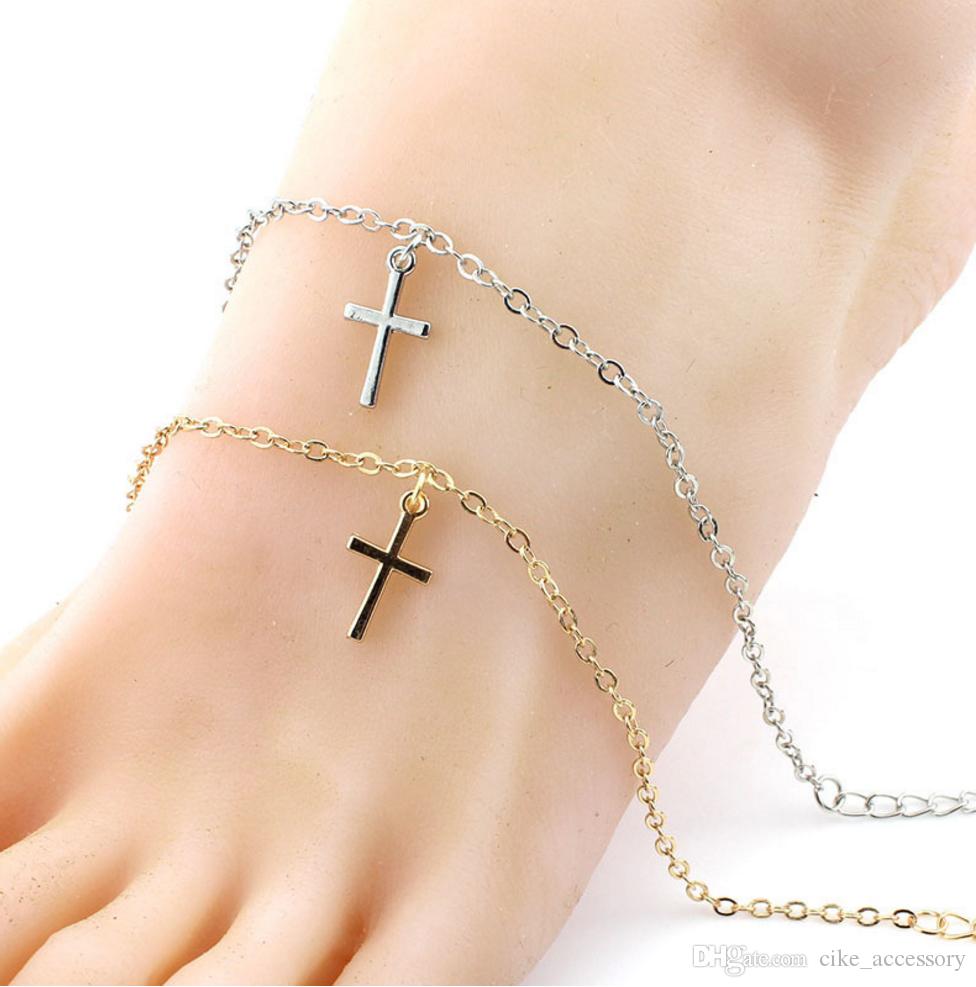 

Fashion Jewelry Simple Stlye Cross Pendant Gold silver color Plated metal Chain for Women foot Anklet Gift