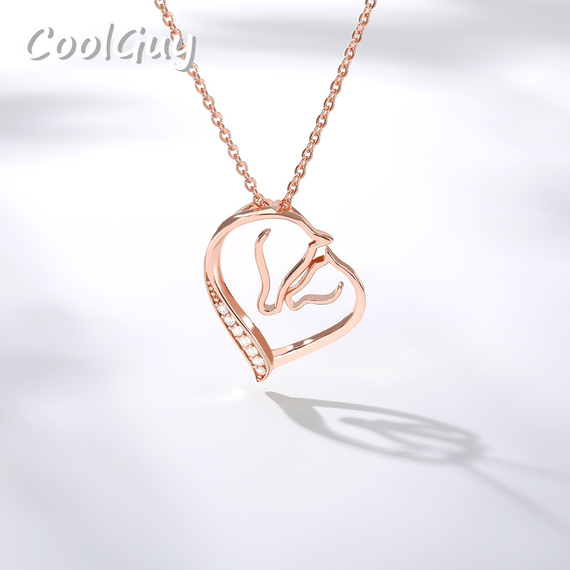

ACEBFEET Women's Heart-shaped Double Horse Hollow Pendant Necklace Wedding Bridesmaid Gift Simple Zircon Style N00689