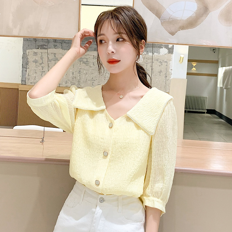 

Autumn Korean Fashion Clothing 2020 Summer New Doll Collar Bubble Half-Sleeve Shirt Straight Shirt Top Female Womens Shirts 56E, Yellow
