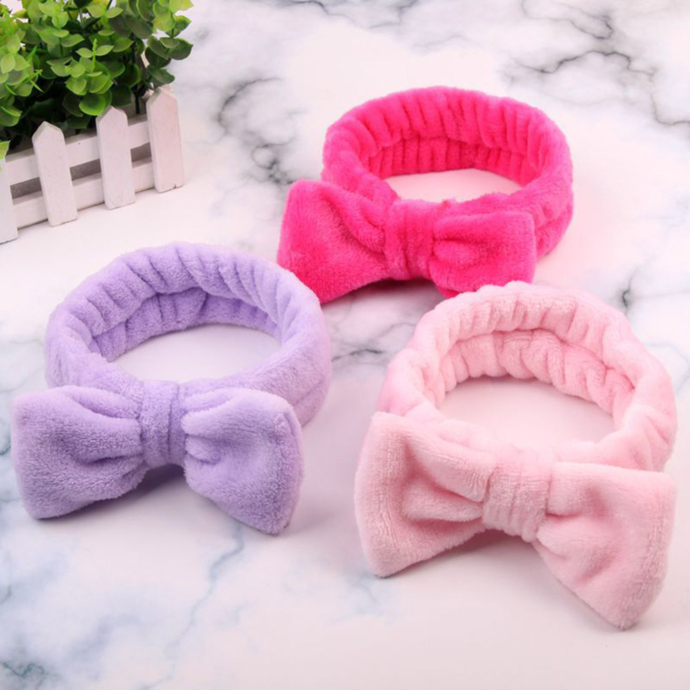 

Women Coral Fleece Bow Hair Band Solid Color Wash Face Makeup Soft Headbands Fashion Girls Turban Head Wraps Hair Accessories, Watermelon red
