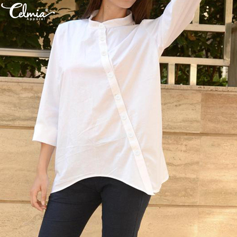 

Celmia Fashion White Blouse Women Vintage Shirt 2020 Summer Tops 3/4 Sleeve Loose Asymmetrical Blusas Femininas Plus Size -5XL, Black