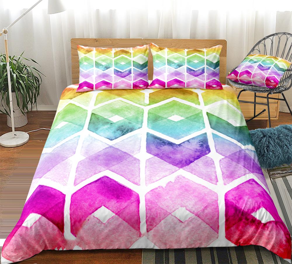 

Watercolor Geometric Duvet Cover Rainbow Bedding Colorful Vintage Quilt Cover Queen Home Textiles 3pcs King Purple Dropship, 01