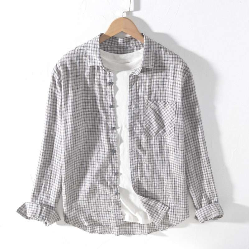 New Retro Men Plaid Shirts Spring Summer Youth Loose Breathable Men Long Sleeve Shirt Clothes Linen Casual Shirts