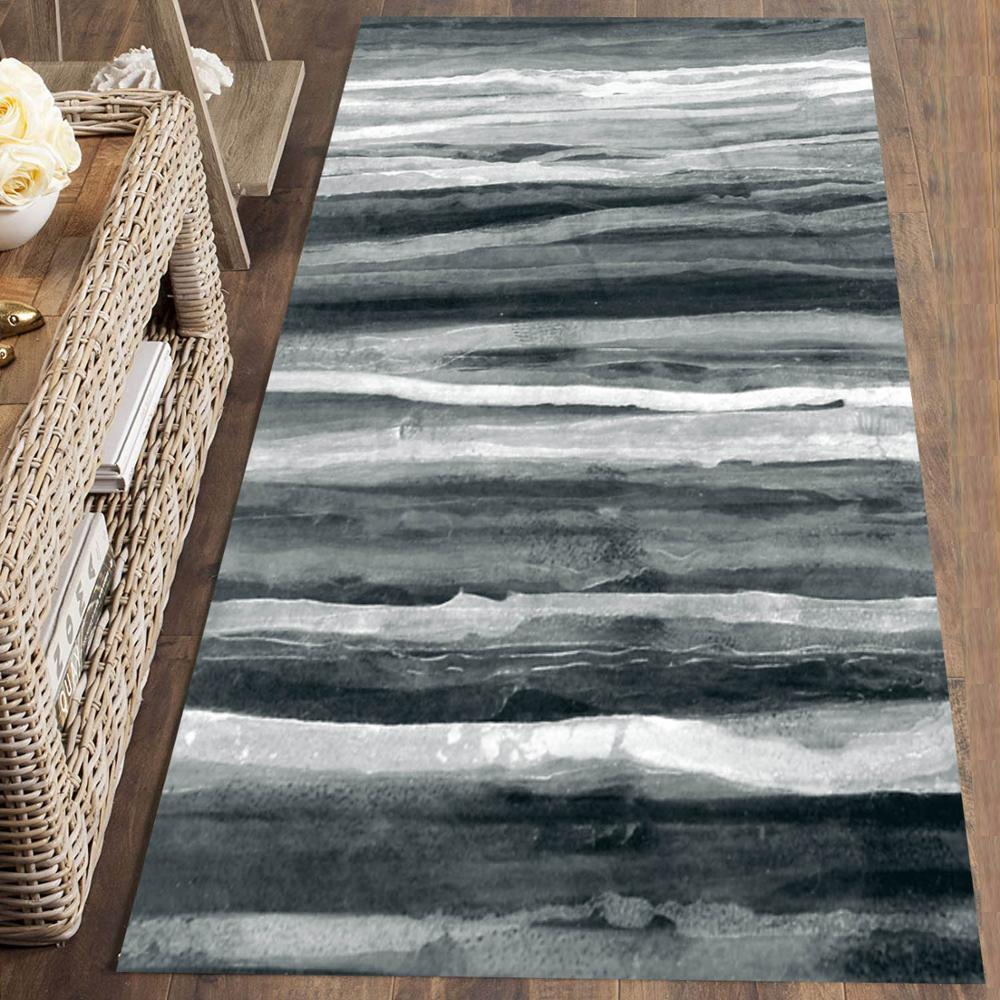 

Else Black Gray White Watercolor Lines Stripes 3d Print Non Slip Microfiber Washable Runner Mats Floor Mat Rugs Hallway Carpets, As pic