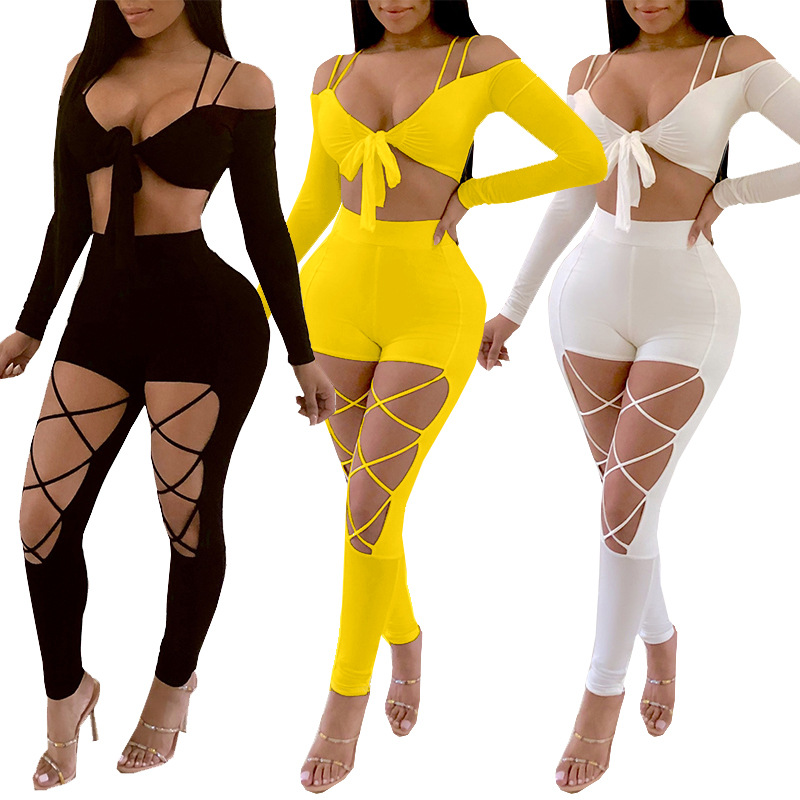 Nightclub Party 2 Piece Sets Women 2020 Summer Outfits Bow Tie Crop Top and Hollow Out Pant Set Sexy Two Piece Set Top and Pants