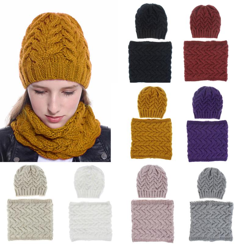 

2019 New Women Girls Hat And Scarf Keep Warm Winter Casual Knitted Hat Hemming Ski Winter Scarf Set czapka szalik