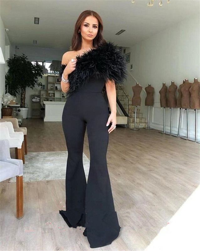 

Black Jumpsuit Evening Party Gowns with Feathers One Capped Sleeve Long Prom Dresses Pant Suit Formal Bride Dress, Water melon