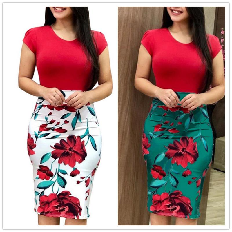 

Women Short Sleeve O-Neck Casual Dresses Women Print Patchwork Dress Sexy Slim Bodycon Elastic Pencil Office Lady Dress Vestidos, Slfshort black green