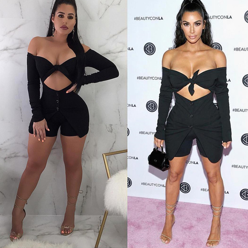 2020 Tobinoone 2018 Kim Kardashian Rompers Womens Jumpsuit Sweet Bow High Waist Short Playsuit Summer Beach Sexy Jumpsuit Overalls Y19051601 From