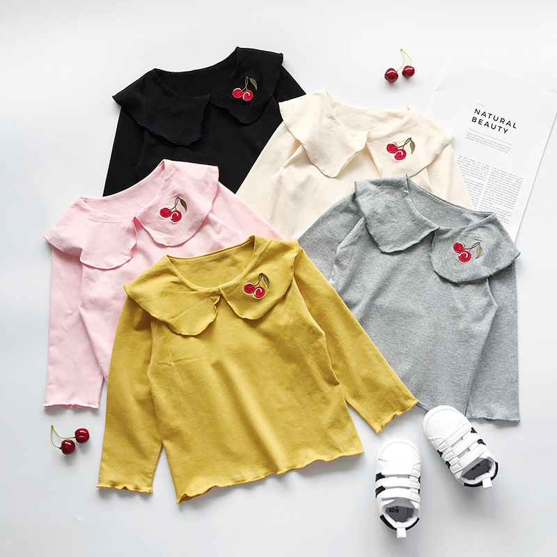 

girl kids clothing Long sleeve shirt Ruffles Collar with Cherry Design Solid Color Shirt Spring Fall girl TOP 100% cotton Clothing, As pcs