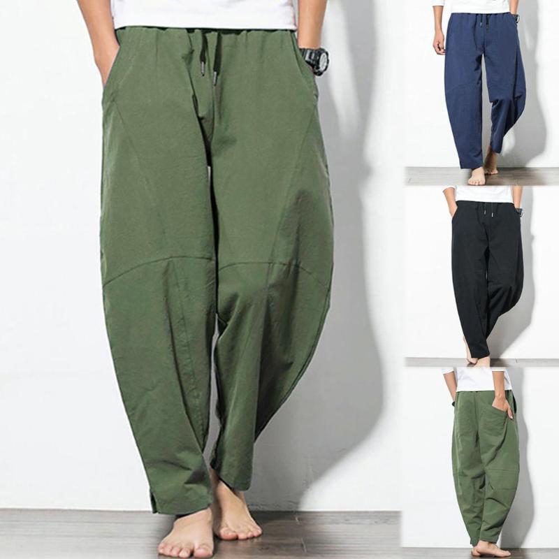 

Men's Casual Fashion Loose Cotton Linen Pure Color Pocket Comfort Long Pant, Blue