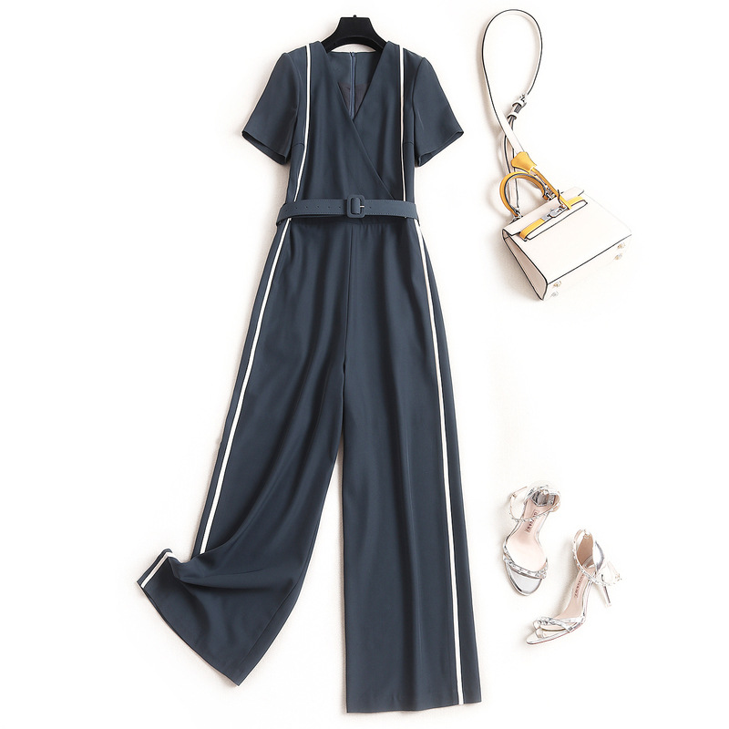 

2020 Summer Fashion Pure Black Color Chiffon V-neck Slim Striped With Belt Straight Leg Overalls Rompers Womens Jumpsuit