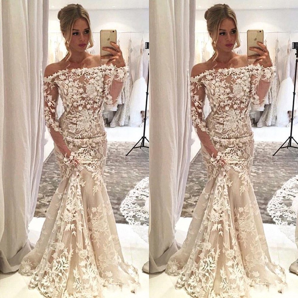 

Cheap Sexy Arabic Champagne Long Sleeves Mermaid Wedding Dresses Off Shoulder Lace Appliques Flowers Illusion Plus Size Formal Bridal Gowns, Ivory