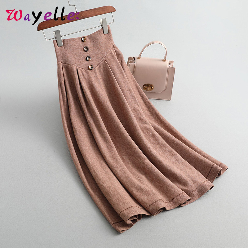 

Vintage Women Elegant Skirt High Waist Wool Knitted Women Winter Stretch Button A-Line Long Skirt Faldas Jupe Femme Saia, Color 1
