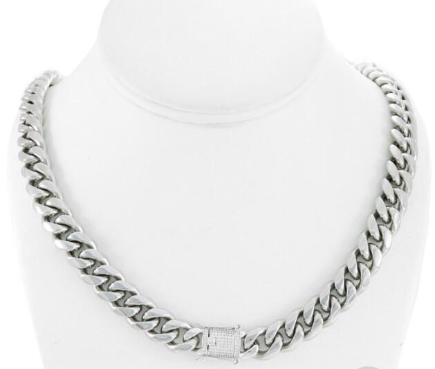 

Men's Miami Cuban Link Chain 14k Stainless Steel Solid 925 Silver Diamond Clasp