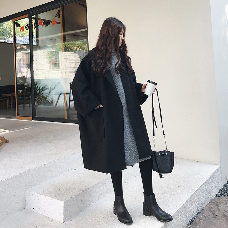 

Woolen Trench Coats Women Autumn Winter Thin Loose Double Breasted Female Casual Overcoat Warm Woolen Long Outerwear, Black