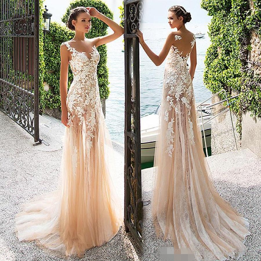 

Nodest Champagne A Line Wedding Dresses Lace Applique Custom Made Sleeveless Tulle Sweep Train Illusion Back Plus Size Beach Wedding Gowns, Coral