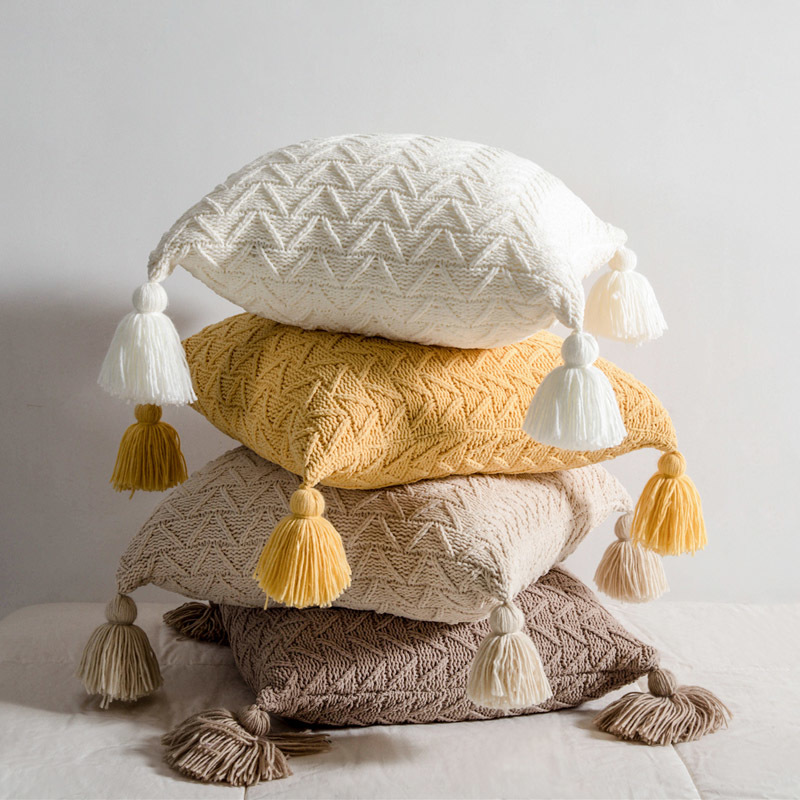 

45x45cm Nordic Chenille Knitted Square Cushion Cover Yellow Pink Pillow Cover with Tassels Sofa Bed Chair Decorative Pillowcase, Blue