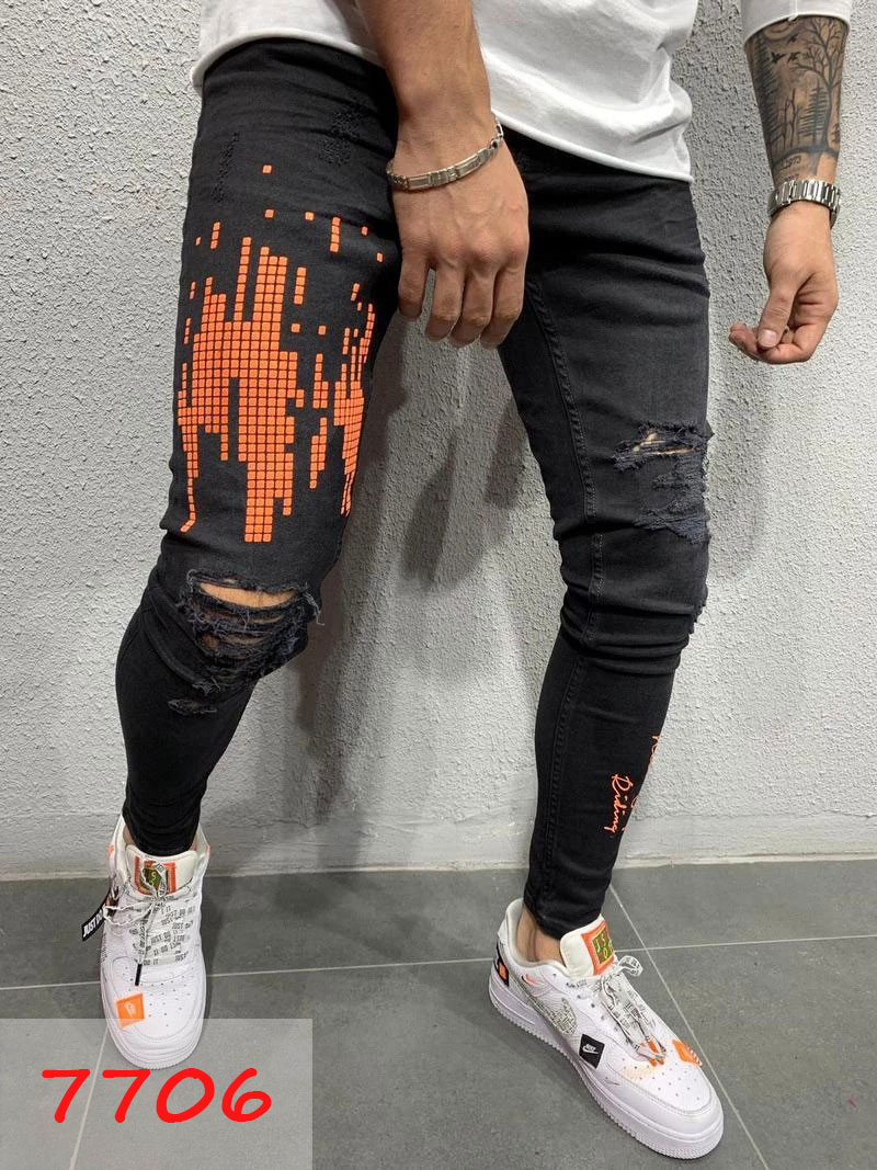 

Mens Casual denim jeans Skim Slim Knees Holes hiphop pant Washed high quality, 7006