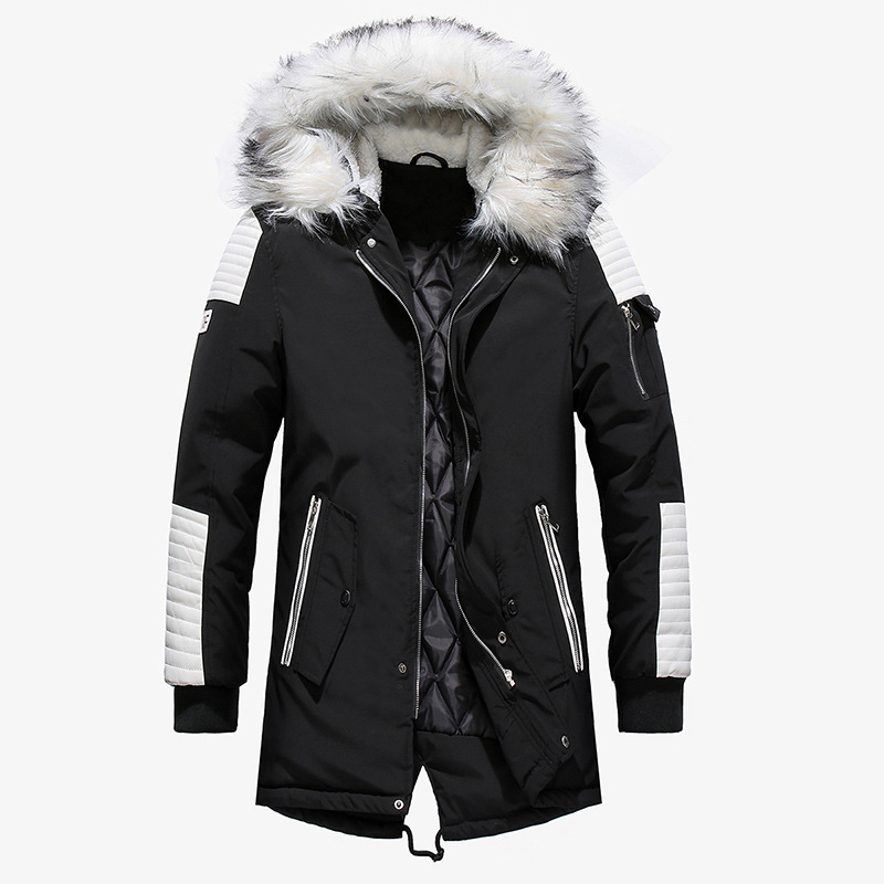 

Men's winter jacket, skin collar, big black pocket cap, long coat, thick windproof coat and overcoat in 2019, Black white