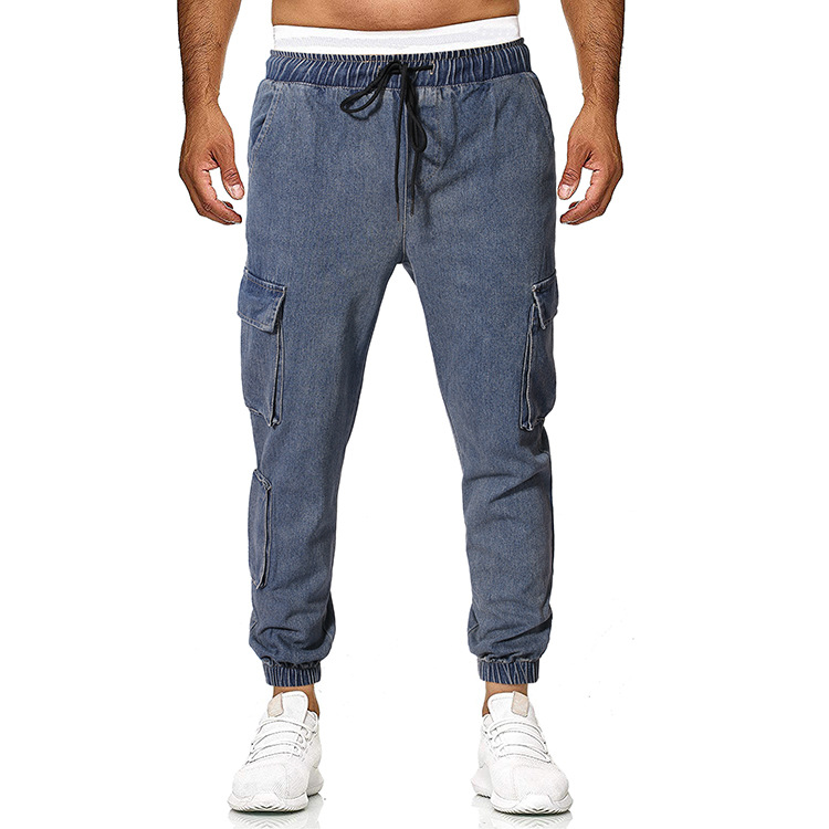 

Mens Jeans Multi Pocket Loose Type Solid Bunch Of Foot Denim Elastic Waist Lace Up Casual Urban Wind Pants, Blue