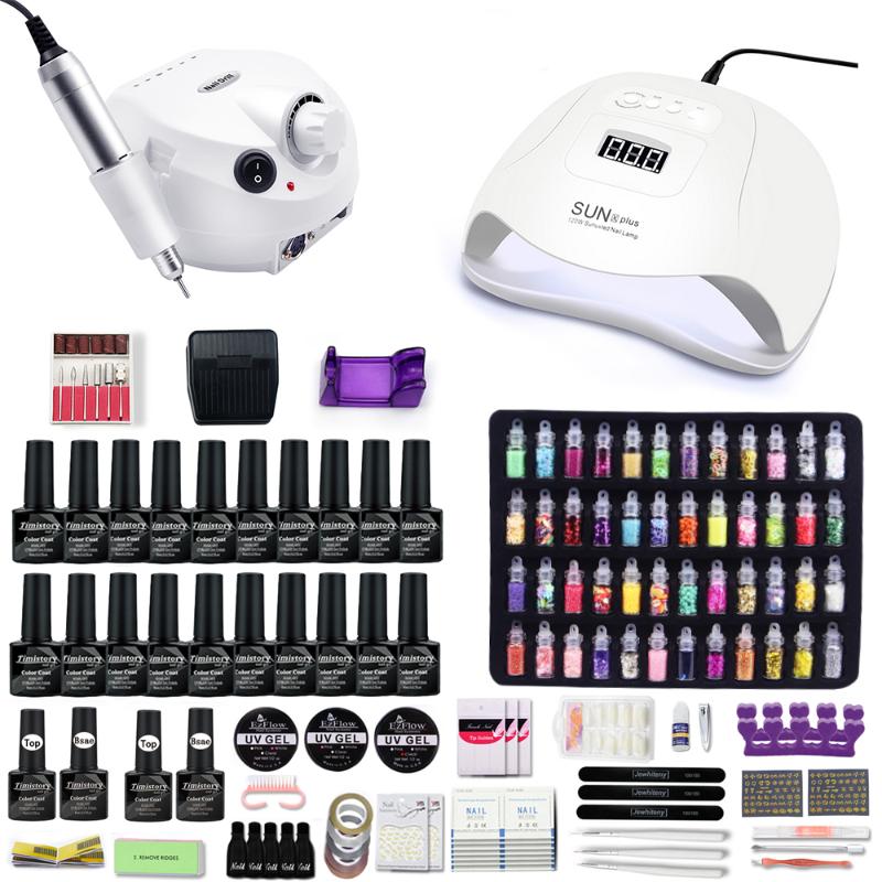 

10&20 Color Gel Varnish Nail Set With 120W UV LED Nail Lamp And 35000 RPM & 20000 RPM drill machine For art set