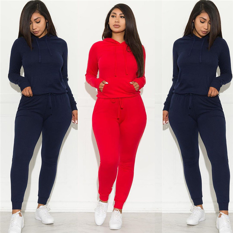

Womens sportswear long sleeve hoodie outfits 2 piece set tracksuit jogger sport suit sweatshirt autumn winter sports womens clothing klw2063, Red