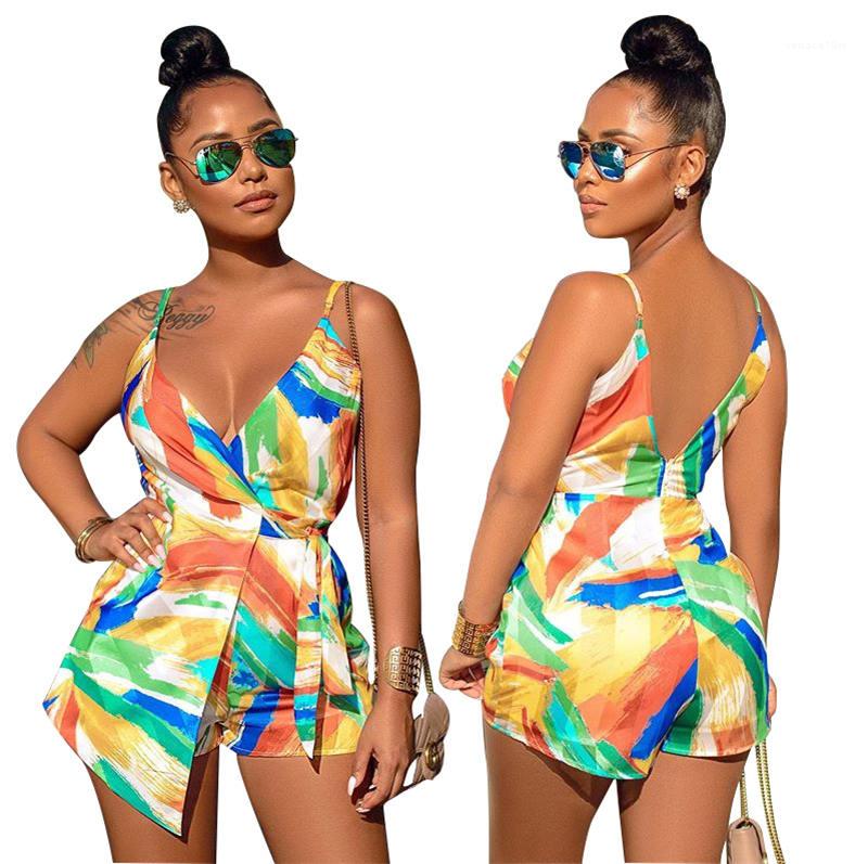 

Rompers Holidays Backless Beach Shorts Sexy Floral Printed Women Jumpsuit Fashion Designer Sleeveless V Neck Casual