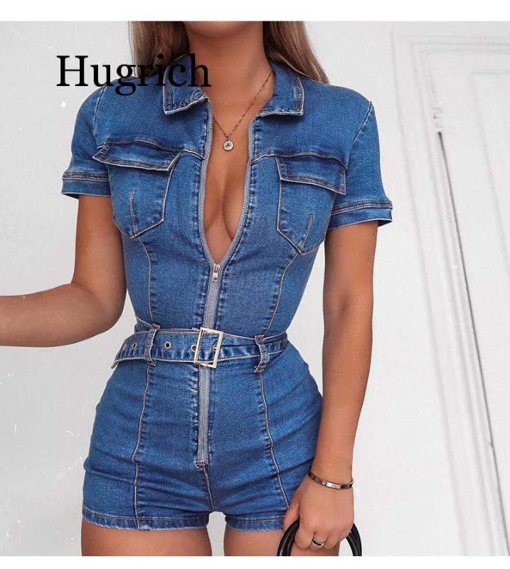 

2020 Blue denim rompers women jumpsuit short sexy bodycon autumn streetwear jeans playsuit Female fashion party club overal