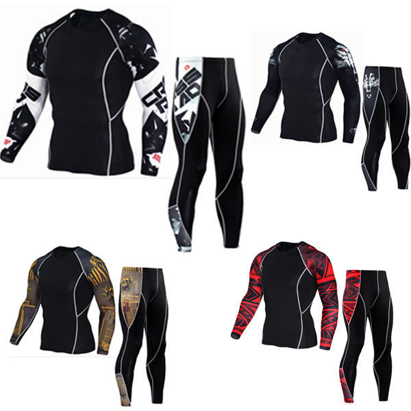 

New Custom Compression Tracksuit Men Training Running Set Fitness Tight Long Sleeve Shirt Pants Leggings Gym Sport Suit, Black