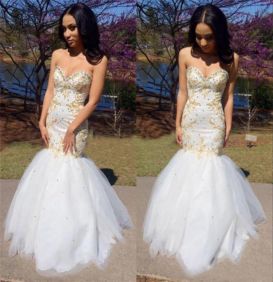 White Gold Lace Mermaid Prom Dressess Sweetheart Sexy Strapless Corset Back Beads Tulle Formal Long Evening Maxi Dresses