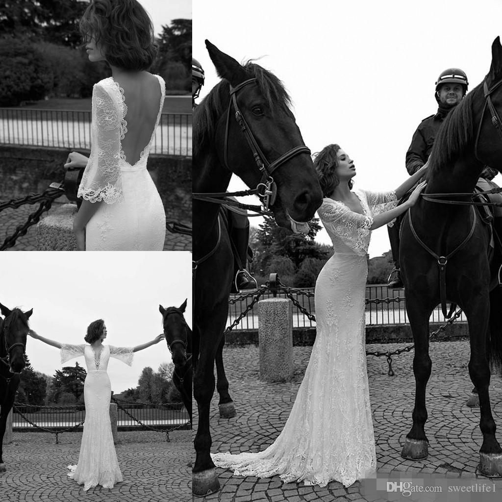 

Liz Martinez Romantic 2020 Lace Mermaid Wedding Dresses Mandarin Sleeves Bridal Backless Garden Wedding Dresses Bridal Gowns Custom, White
