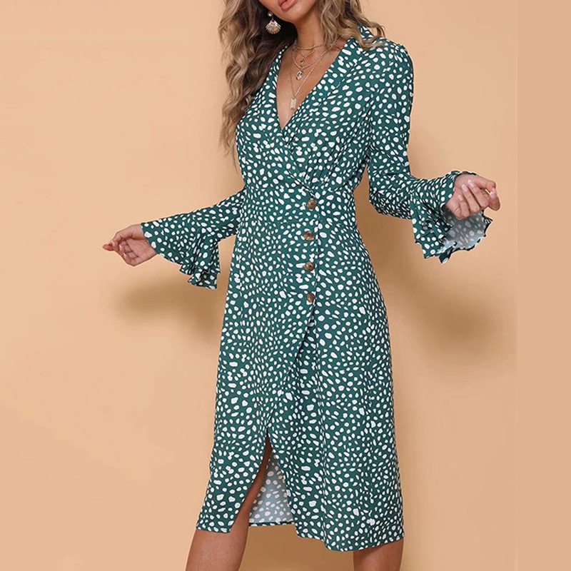 

Autumn Summer 2018 Vintage Womens long sleeve dress v-neck women Casual Flared sleeve irregular print vestidos mini sexy dress, Green