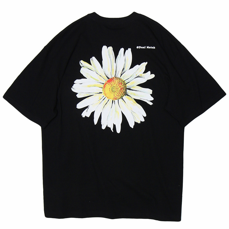 

Men Hip Hop T Shirt Chrysanthemum Daisy Print Streetwear Harajuku Tshirt Summer Short Sleeve T-Shirt Cotton Fashion Tops Tees, Black