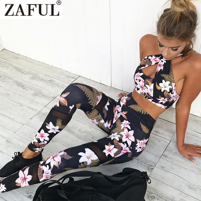 

Wholesale-Zaful Fitness Sports Tracksuit Floral Gym Clothes Camisole Print Patchwork Leggings Yoga Suit Ladies Workout Set Sexy Women, As pic