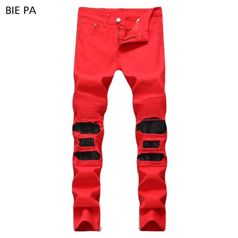 

New men jeans denim pants biker jeans ripped Male Casual black and red fashion men #6604