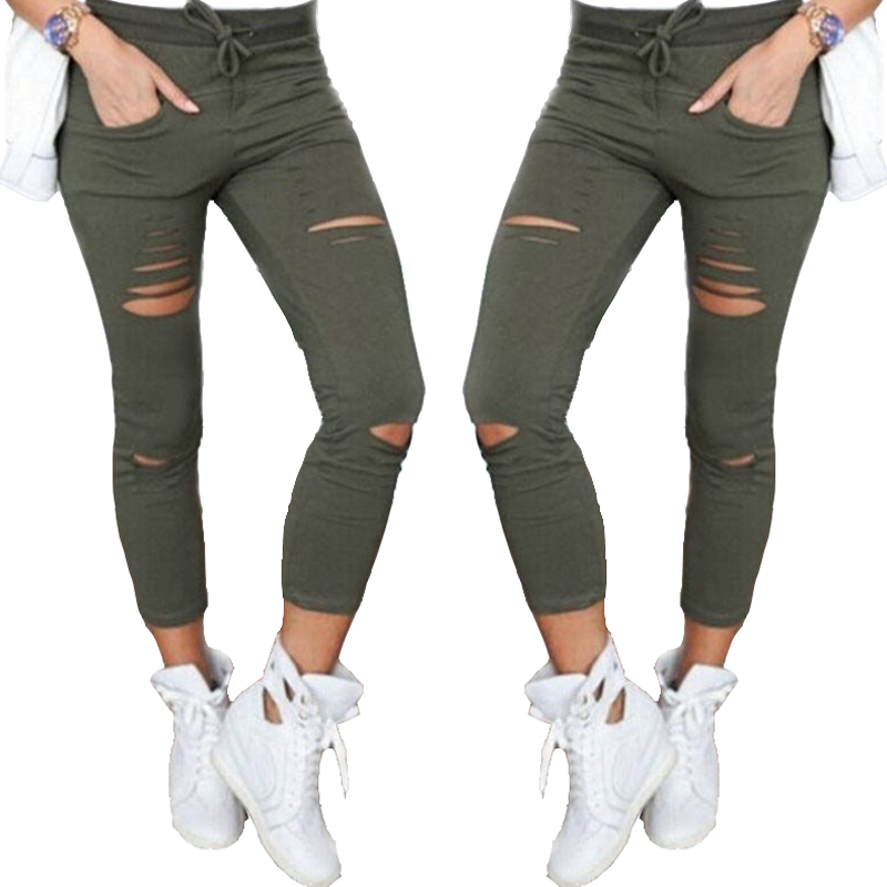

2018 Casual Women' High-waist Jeans Trousers Cotton Hole Knee Jeans Skinny Pencil Pants Stretch Casual Pants Skinny, White