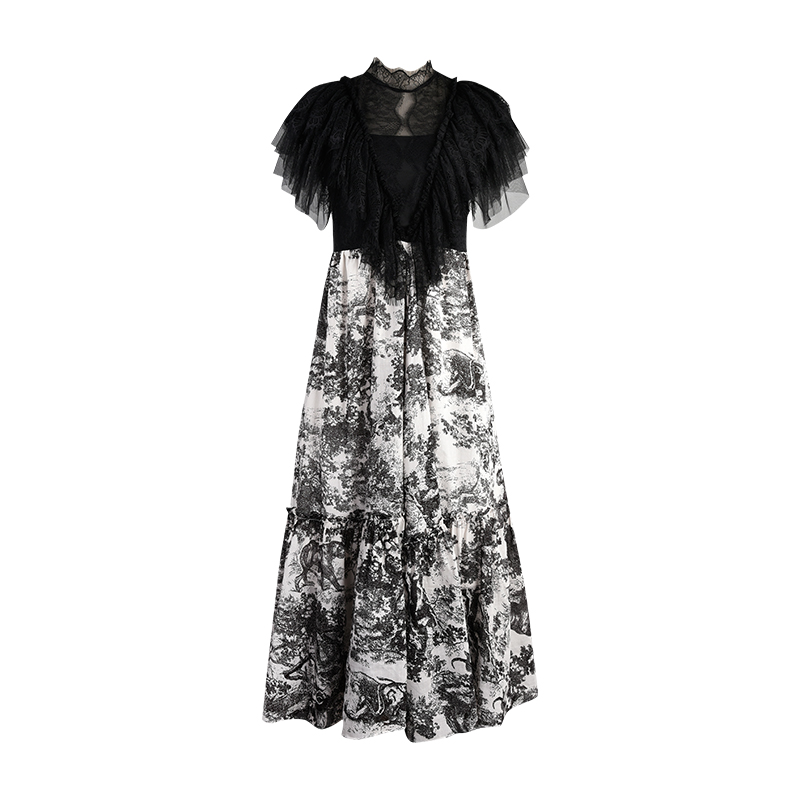 

Fashion-Milan Runway Dress 2019 Vintage Black Lace Ruffles Ink Animal Print Long Women Dress Designer Vestidos De Festa yy-49, As the picture