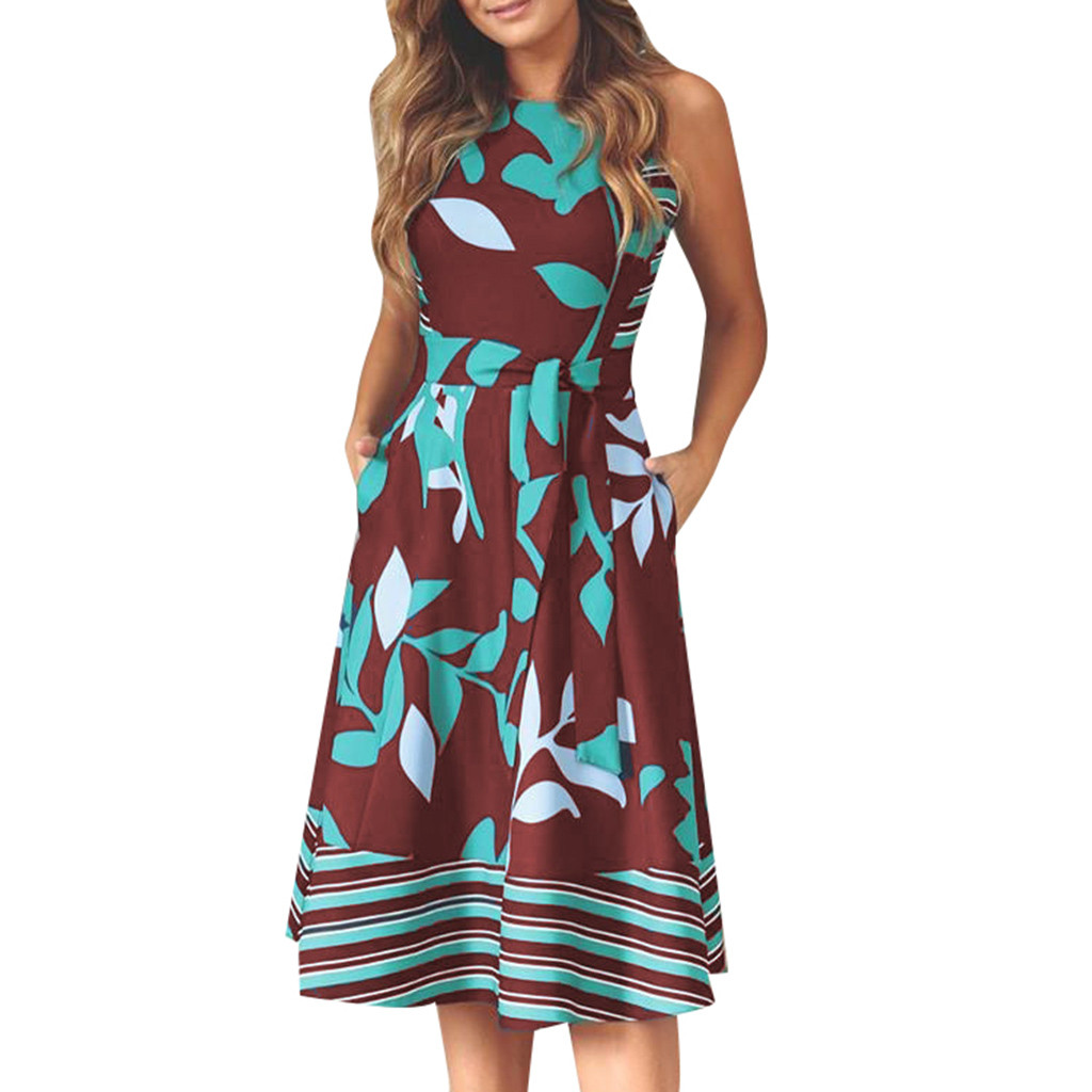 

Februaryfrost 2020 Women Summer Boho O Neck Sleeveless Print Sashes A Line Dress Casual Ladies Robe Beach Party Sundress Plus Size, Blue