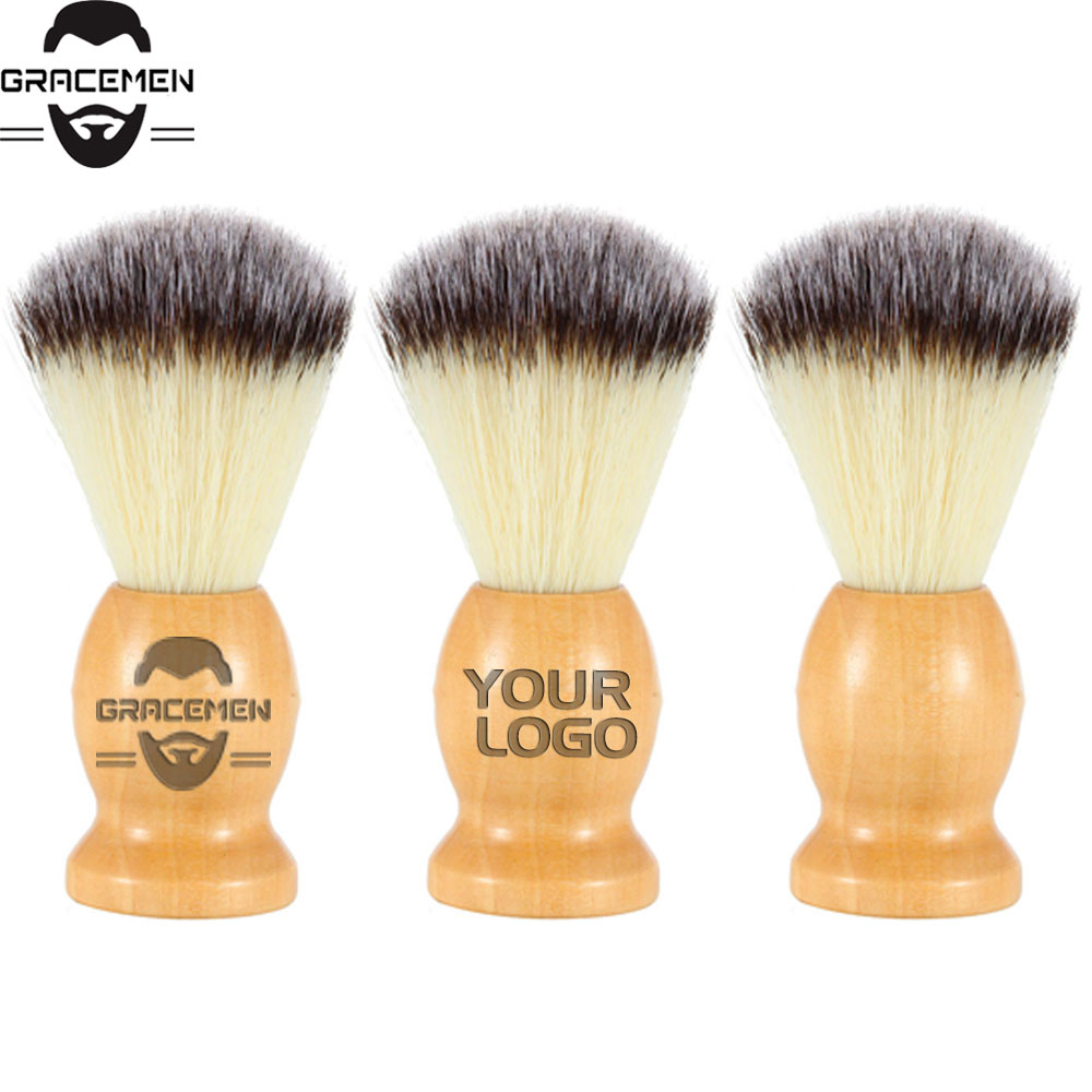 

MOQ 100 pcs OEM Customize LOGO Men Beard Shaving Brush Wood Handle & Nylon Bristle Facial Grooming Brushes Moustache Tools