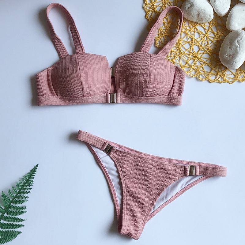 

New Push Up Bikini Brazilian Buckle Swimsuit Female Ribbed Swimwear Women Two-pieces Bikini set with Bra Cup Bather Bathing Suit, B879red