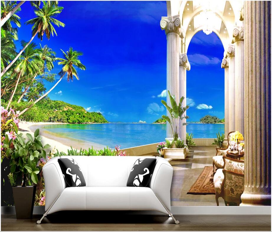 

3d wallpaper stickers custom photo Coconut tree beach space expansion 3D balcony seascape background wall wallpaper for walls 3 d, Non-woven wallpaper