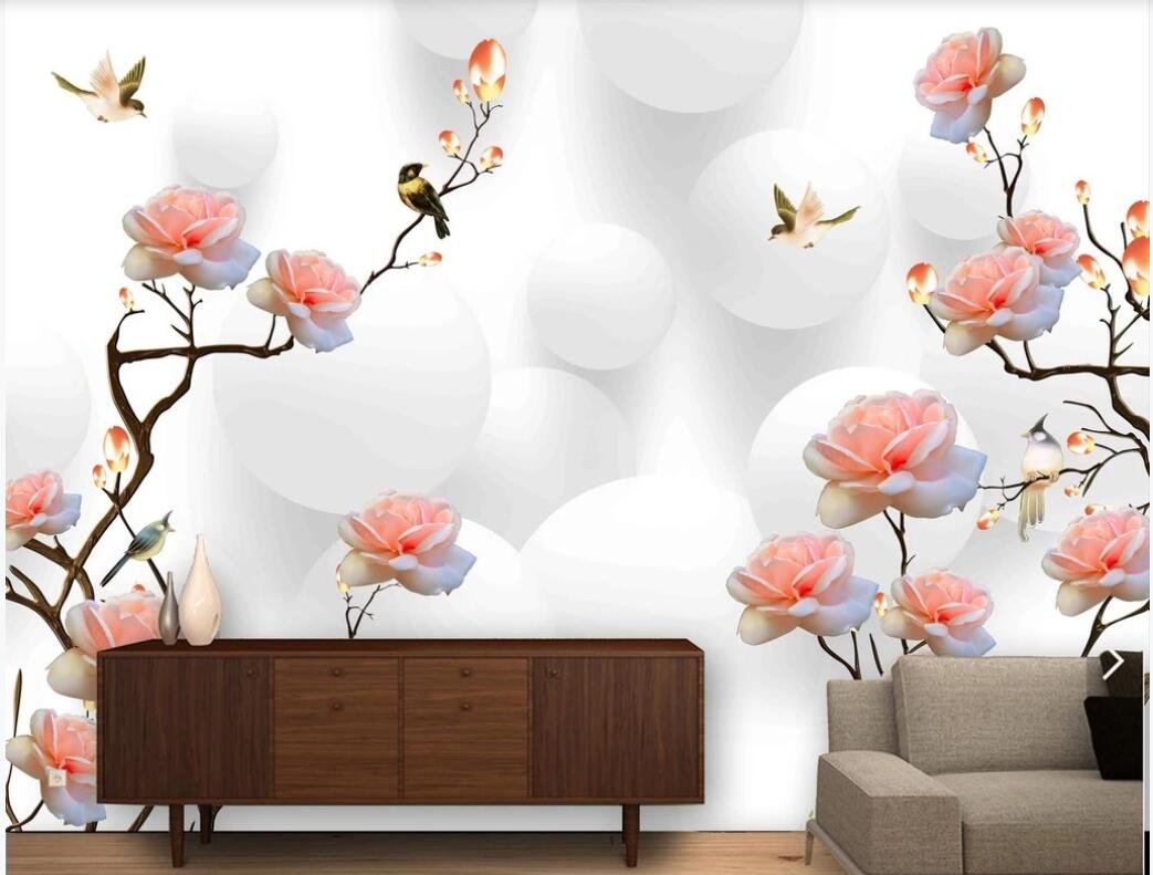

3d landscapes wall custom murals HD layered hand-painted 3D flowers and birds background wall rose balls wall art canvas pictures, Non-woven fabric