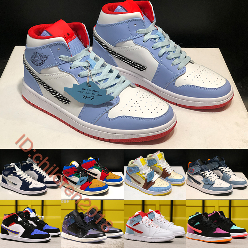 

High Quality 1 1S Mid Basketball Shoes Men Women Sneakers Half Blue Polka Rivals Topaz Mist Candy Fearless Melody Ehsani Trainers Size 36-45, Iridescent black