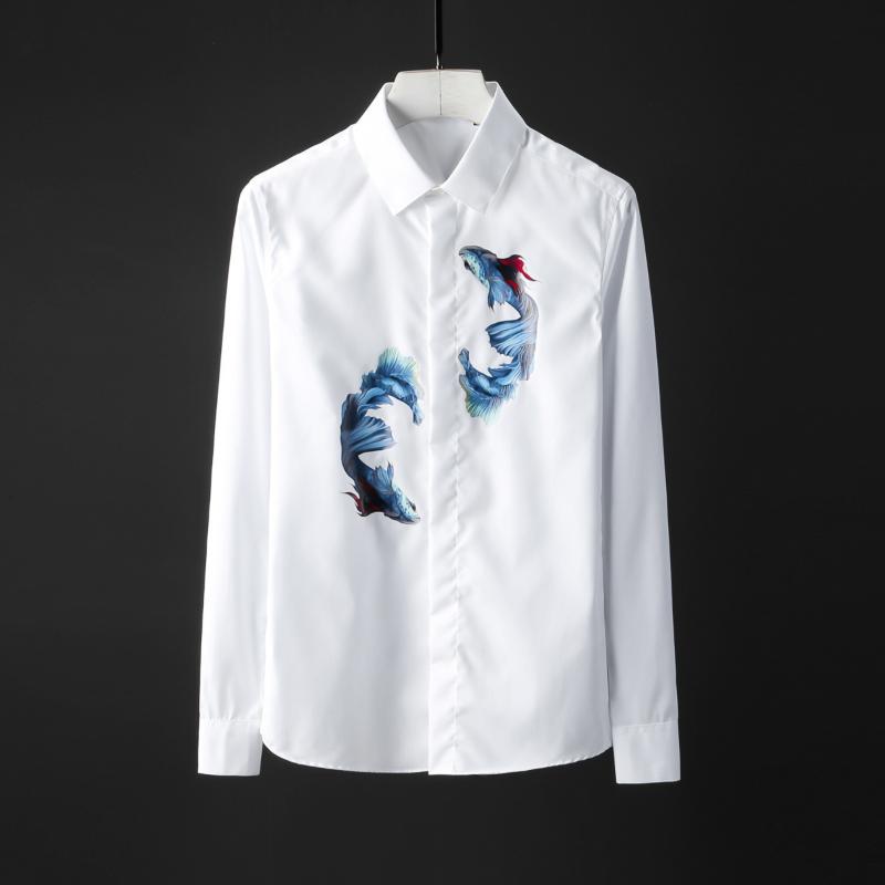 

3D Digital Printing 100% Cotton Chinese Style Long Sleeve Men Dress Shirt Camisa Masculina Slim Fit Man Shirts, Black