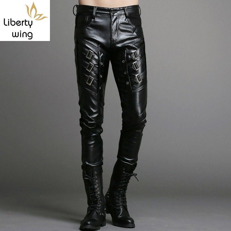 

Hot New Fashion Punk Cool Buckle Design Skinny Faux Leather PU For Men Black Solid Full length Pants